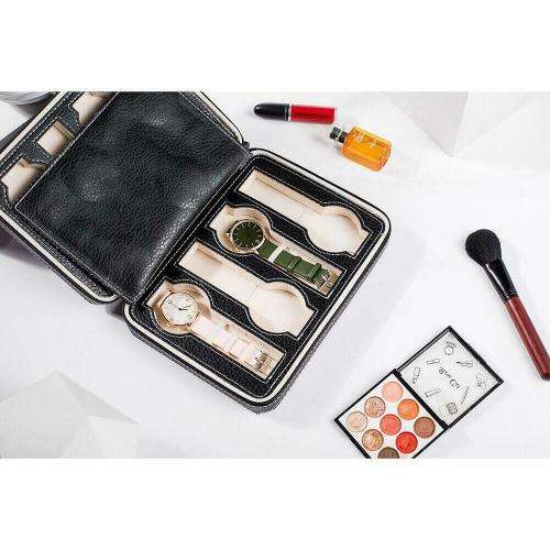 8 Slot Portable Watch Box Travel Case Storage Holder with Zipper Padded Divider -  BLACK COLOR