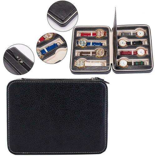 8 Slot Portable Watch Box Travel Case Storage Holder with Zipper Padded Divider -  BLACK COLOR