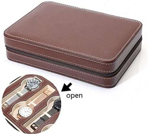 8 Slot Portable Watch Box Travel Case Storage Holder with Zipper Padded Divider -  BROWN COLOR