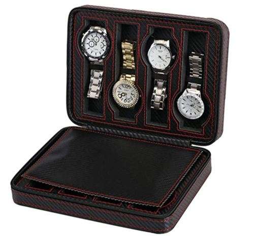 8 Slots Portable Watch Box Carbon Fiber Watch Case Durable Travel Case Storage Organizer - Black