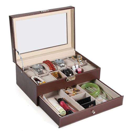 12 Slot PU Leather Watch Storage Boxes, 2-Tier Organizer Watch Showcase with Glass Lid