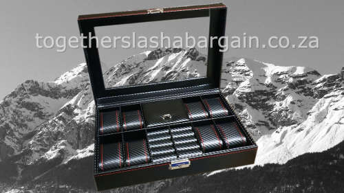 BLACK CARBON 8 SLOT WATCH BOX WITH WRIST CUFF AND STORAGE COMPARTMENT