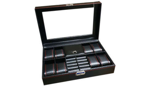 BLACK CARBON 8 SLOT WATCH BOX WITH WRIST CUFF AND STORAGE COMPARTMENT