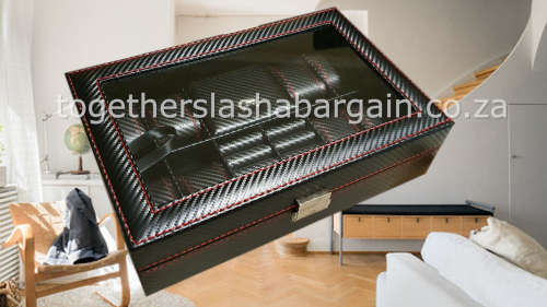 BLACK CARBON 8 SLOT WATCH BOX WITH WRIST CUFF AND STORAGE COMPARTMENT