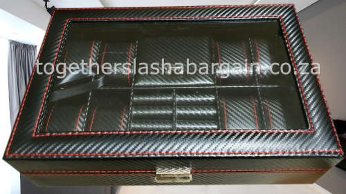 BLACK CARBON 8 SLOT WATCH BOX WITH WRIST CUFF AND STORAGE COMPARTMENT