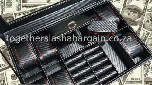 BLACK CARBON 8 SLOT WATCH BOX WITH WRIST CUFF AND STORAGE COMPARTMENT