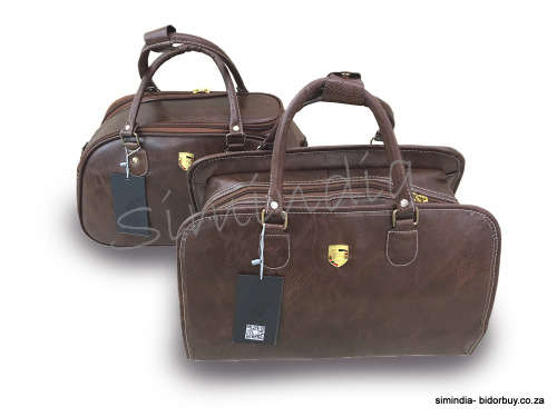 Set of 2 High Quality Duffle PU Leather Luggage Bags - BROWN