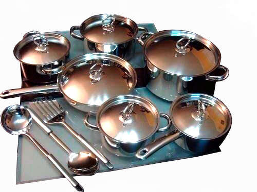 15 PIECES STAINLESS STEEL, HEAVY BOTTOM COOKWARE SET WITH STAINLESS LID.