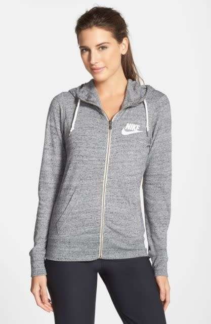 Original Womens NIKE Gym Vintage Hoodie Sweatshirt  Heather Gray Full Zip 813872 091 Size Large
