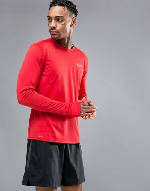 Original Nike DRI-FIT Long-sleeve Running Dry Miler Top in Red AT3949 687 Size Medium