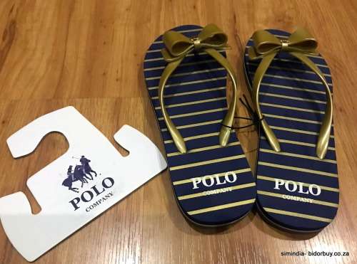 Original Women's POLO Summer Flip Flops Navy /Gold Stripes Size Fits UK 5-6 (SA 5-6)