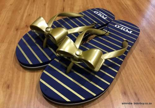 Original Women's POLO Summer Flip Flops Navy /Gold Stripes Size Fits UK 5-6 (SA 5-6)