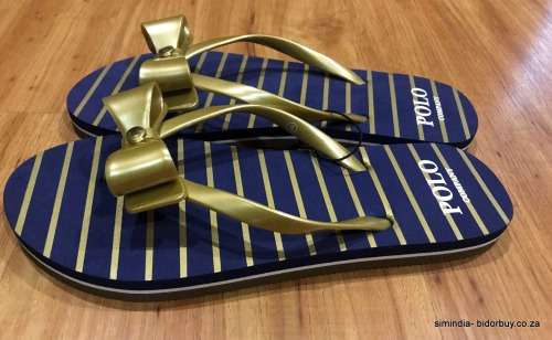Original Women's POLO Summer Flip Flops Navy /Gold Stripes Size Fits UK 5-6 (SA 5-6)
