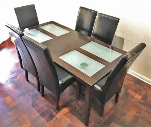 6 Chair Wooden Dining Table with Glass Pockets (Used) - Buyer to Collect from Sandton