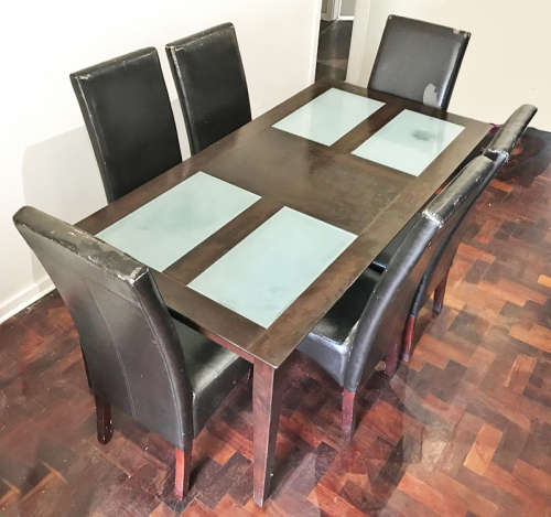 6 Chair Wooden Dining Table with Glass Pockets (Used) - Buyer to Collect from Sandton