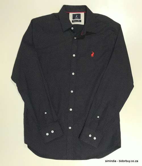 Original Mens POLO Long Sleeves Custom Fit Pure Cotton Self Design Navy Size Medium (Display Item)