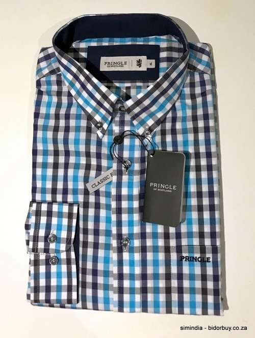 Original Mens PRINGLE Jules Long Sleeves Classic Fit Check Turquoise Size Large