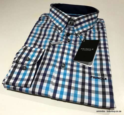 Original Mens PRINGLE Jules Long Sleeves Classic Fit Check Turquoise Size Large