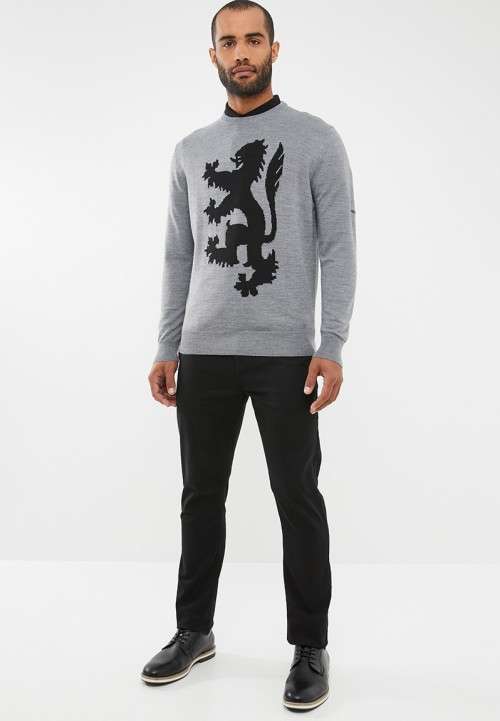 Original Mens PRINGLE Leon Lion Round Neck knit Grey Size Large