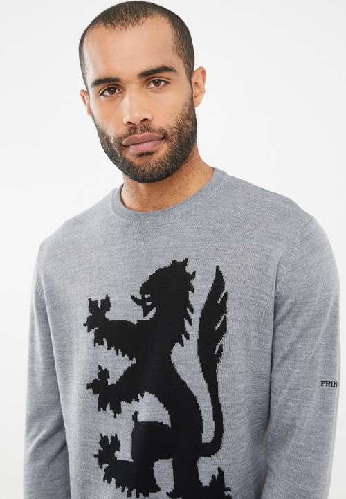 Original Mens PRINGLE Leon Lion Round Neck knit Grey Size Large