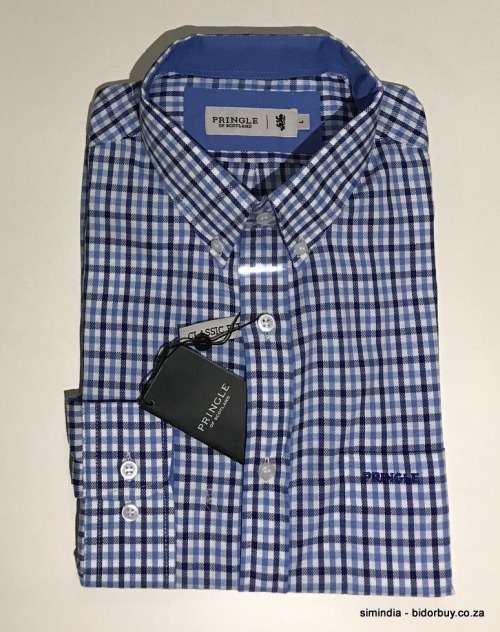 Original Mens PRINGLE Heck Long Sleeves Classic Fit Check Bright Blue Size Extra Large
