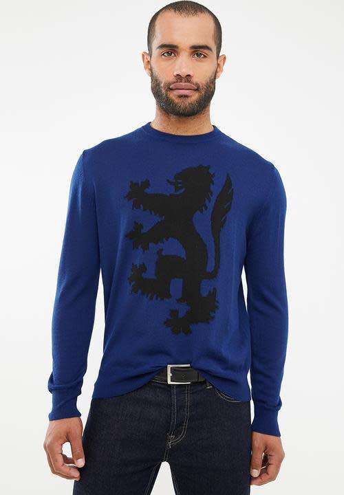 Original Mens PRINGLE Leon Lion Round Neck knit Blue Size Extra Large