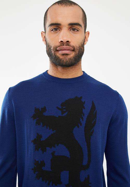 Original Mens PRINGLE Leon Lion Round Neck knit Blue Size Extra Large