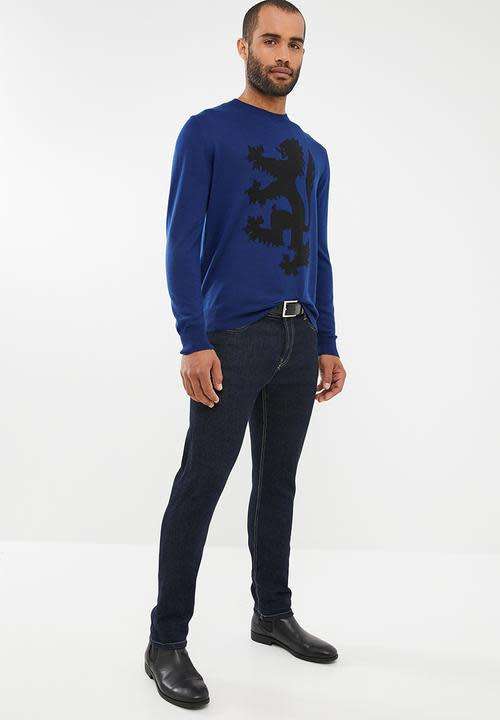 Original Mens PRINGLE Leon Lion Round Neck knit Blue Size Extra Large