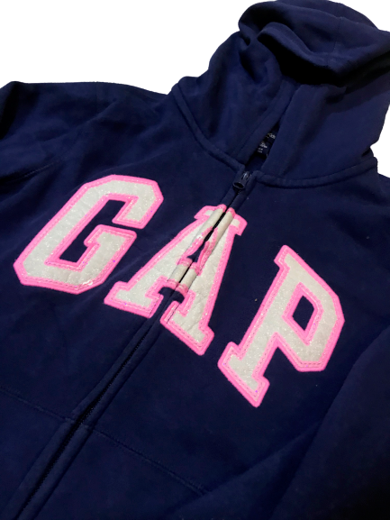 Original GAP Girls Logo Full ZIP Hoodie Fleece Warm (USED) Navy/Pink/White Glitter Size XXL