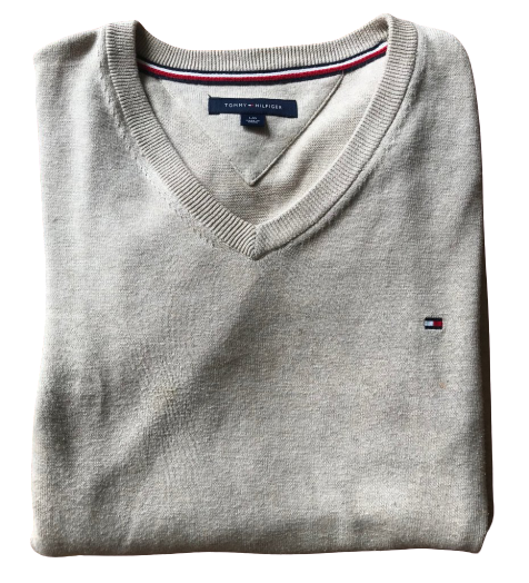Original Men's Tommy Hilfiger Pacific V-Neck LS Pullover Sweater Beige (USED) Size Large