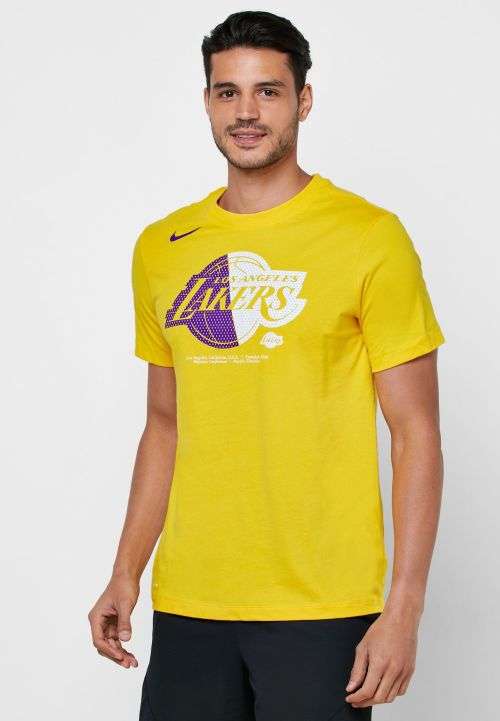 NIKE Men's NBA Los Angeles Lakers Dri-FIT Tee Shirt Sunrise Yellow AT0421 741 Size Large