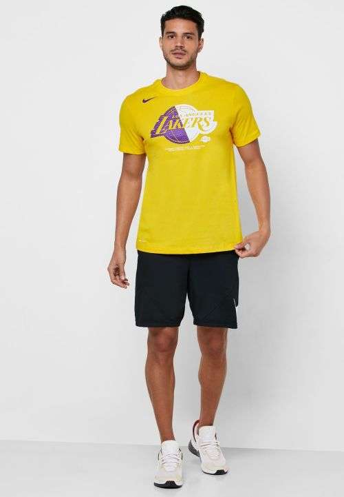 NIKE Men's NBA Los Angeles Lakers Dri-FIT Tee Shirt Sunrise Yellow AT0421 741 Size Large