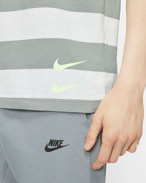 NIKE Men's Sportswear Swoosh Striped Tee Shirt Particle Grey/White (STD FIT) CQ5196 073 Size Medium