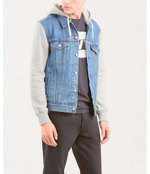 LEVI'S Men's HYBRID HOODED TRUCKER JACKET Lite Light Wash 74513 0003 Size Medium