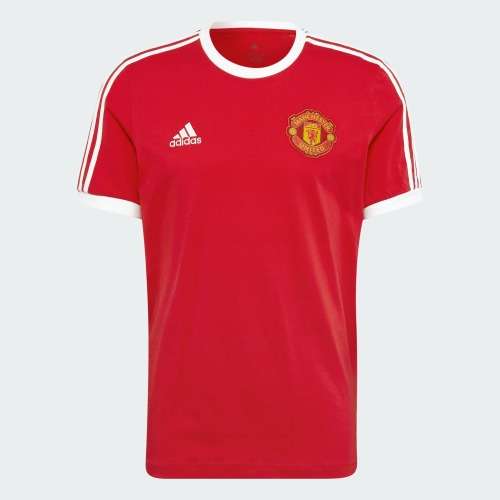 adidas Men`s MANCHESTER UNITED 3-STRIPES TEE Real Red HE6657 Size Large