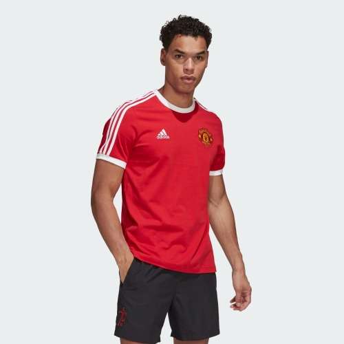 adidas Men`s MANCHESTER UNITED 3-STRIPES TEE Real Red HE6657 Size Large