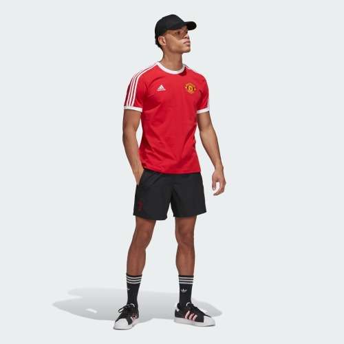 adidas Men`s MANCHESTER UNITED 3-STRIPES TEE Real Red HE6657 Size Large