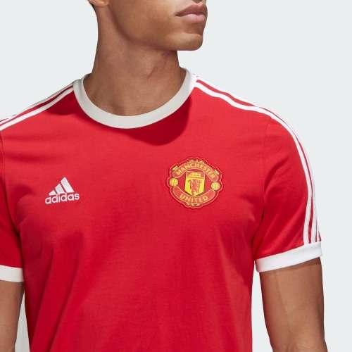 adidas Men`s MANCHESTER UNITED 3-STRIPES TEE Real Red HE6657 Size Large
