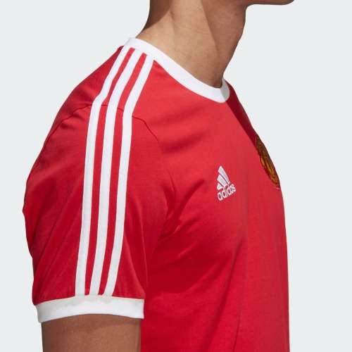 adidas Men`s MANCHESTER UNITED 3-STRIPES TEE Real Red HE6657 Size Large