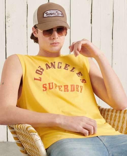 Superdry Men`s Boho Cut Off Graphic Vest Yellow Size XL