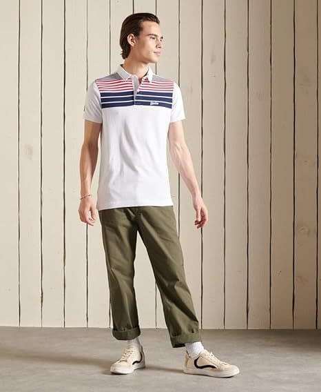 Superdry Men`s Organic Cotton Stripe Polo Shirt M1110259A SLIMFIT OPTIC CHEST STRIPE Size Medium