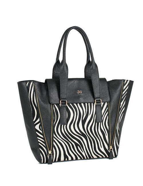 J&C JACKY & CELINE Designer Shoulder Bag Black & Zebra Print, Genuine Leather - Made in Italy