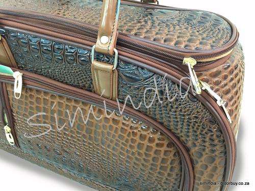 Set of Two PU Croc Leather Duffle Bags with Wheels - Brown