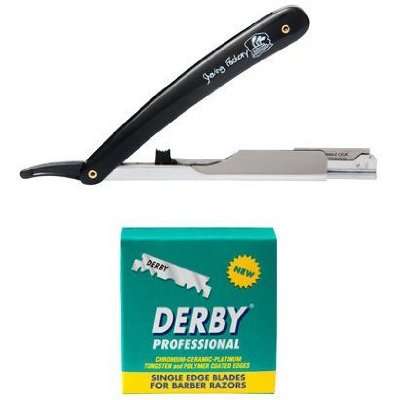 Cut Throat Shaving Set from Shaving Factory with a Straight Razor and 100 Derby Professional Single