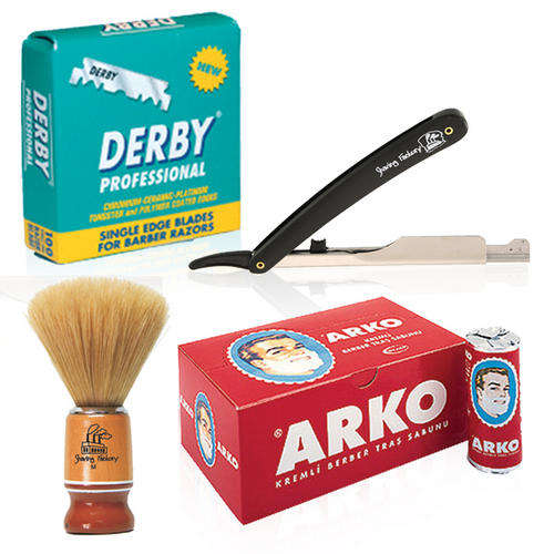 SF228-Shaving Factory Straight Razor (Black), Shaving Factory Hand Made Shaving Brush, 100 Derby Pro