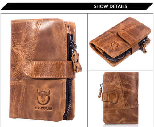 Genuine Leather BULLCAPTAIN 2019 Trifold Hasp Zipper Short Wallets for MEN(BROWN)