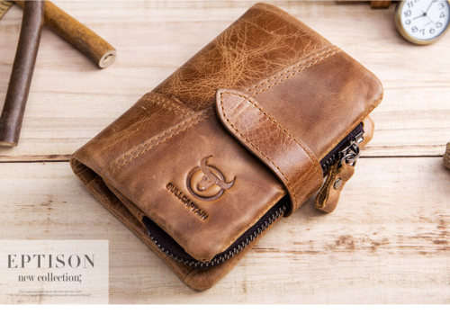 Genuine Leather BULLCAPTAIN 2019 Trifold Hasp Zipper Short Wallets for MEN(BROWN)