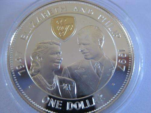 1997 - Barbados - Proof - 50 Year Elizabeth and Philip Silver coin (Gold inset)