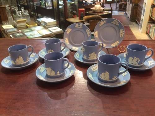 SET OF 6 WEDGWOOD BLUE JASPERWARE DEMITASSE COFFEE CUPS, PLUS 2 EXTRA SAUCERS