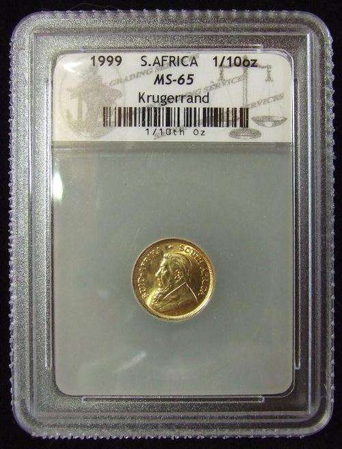 Mint State 65  Kruger Rand 22 Carat Gold Coin Year 1999.Solid Gold Bullion.  Graded and Slabbed